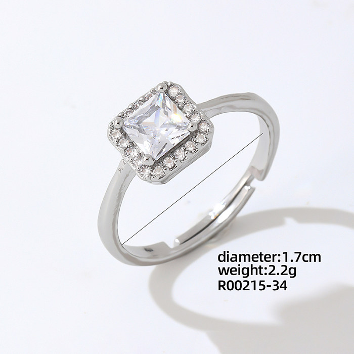 Luxurious Simple Style Shiny Square Eye Copper Plating Inlay Zircon White Gold Plated Open Rings