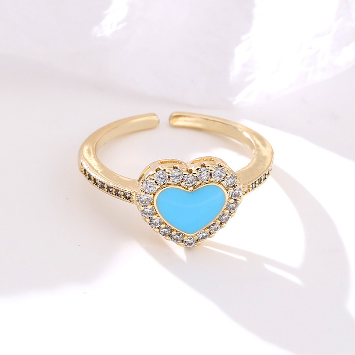 Elegant Lady Heart Shape Copper Enamel Inlay Zircon Open Rings