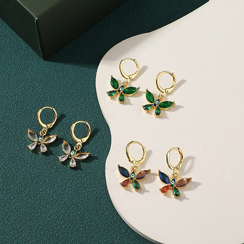 1 paire de boucles d'oreilles en cuivre et Zircon, Style Simple et élégant, Streetwear, placage papillon, incrustation