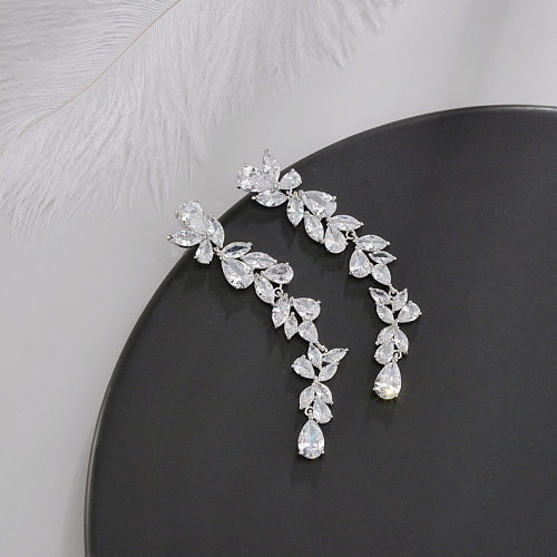 1 Pair Exaggerated Shiny Leaf Water Droplets Plating Inlay Copper Zircon Drop Earrings