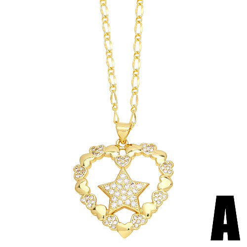 IG Style Streetwear Pentagram Heart Shape Copper Plating Inlay Zircon 18K Gold Plated Pendant Necklace