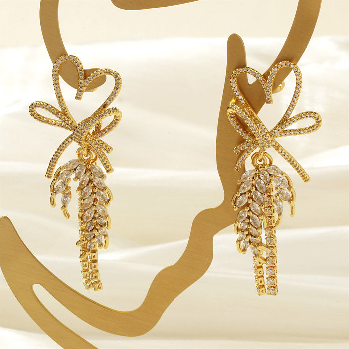 1 Pair Luxurious Shiny Heart Shape Bow Knot Grain Tassel Plating Inlay Copper Zircon 18K Gold Plated Drop Earrings