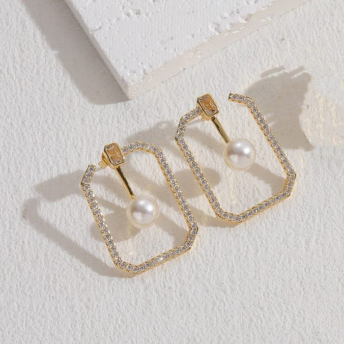 1 Pair Elegant Glam Irregular Asymmetrical Copper Pearl Zircon 14K Gold Plated Earrings
