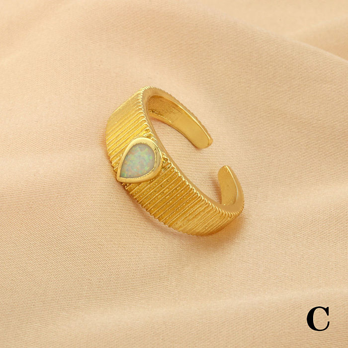 Simple Style Commute Oval Water Droplets Copper Plating Inlay Artificial Gemstones 18K Gold Plated Open Rings