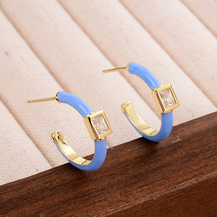 1 Pair Simple Style C Shape Enamel Plating Inlay Copper Zircon 14K Gold Plated Earrings