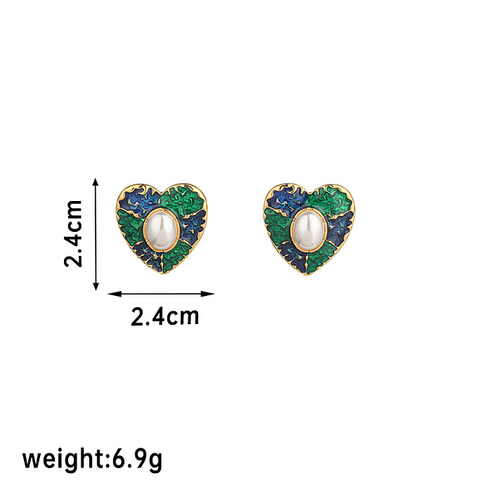 1 Pair Elegant Vintage Style Heart Shape Epoxy Plating Inlay Copper Pearl 18K Gold Plated Ear Studs