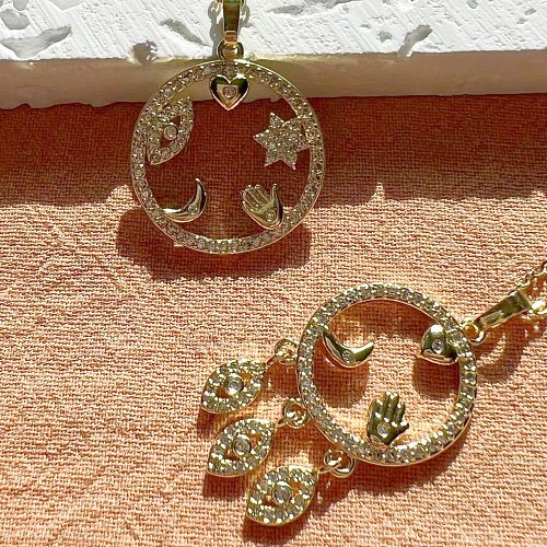 Collier avec pendentif en Zircon, Style Streetwear élégant et Simple, en forme de cœur, de lune et de palmier, avec incrustation de cuivre