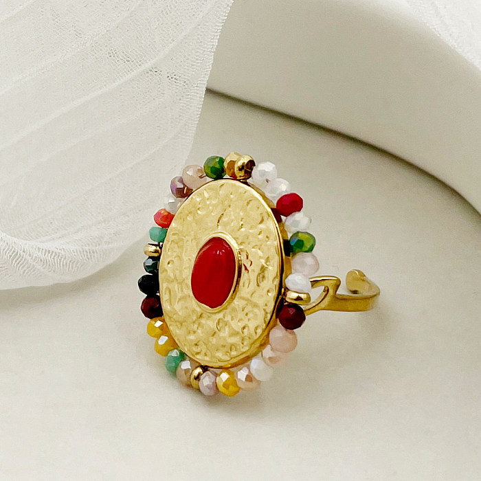 Urlaub Bunter ovaler, vergoldeter offener Ring aus Edelstahl mit Perlen in großen Mengen