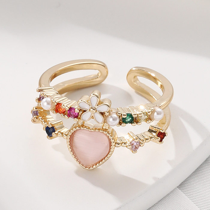 Moda forma de coração flor cobre esmalte chapeamento incrustação pérolas artificiais zircão anel aberto 1 peça