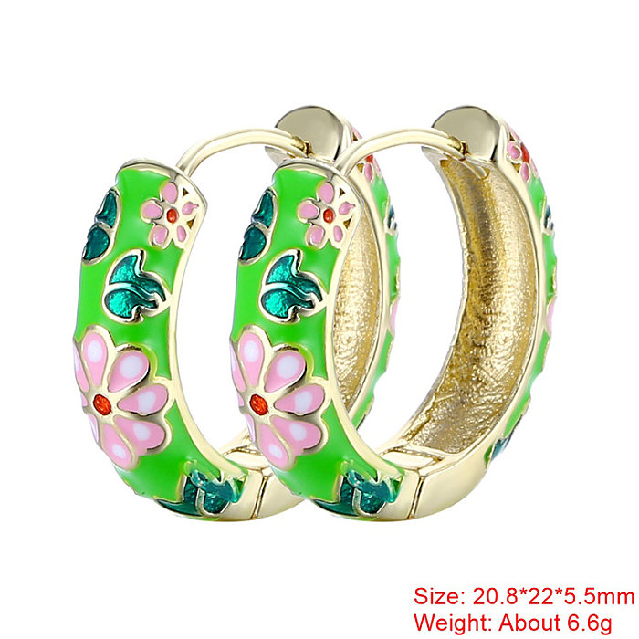 1 Pair Sweet Flower Enamel Plating Copper 18K Gold Plated Hoop Earrings