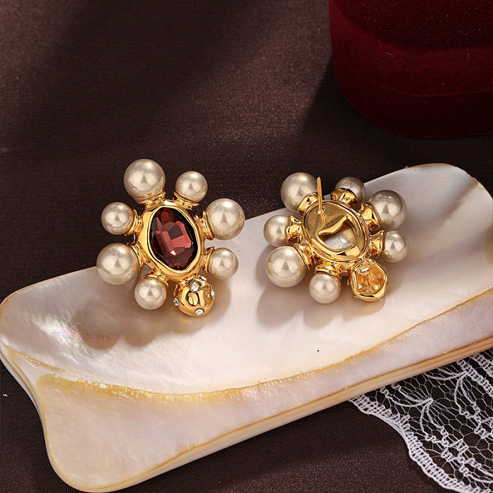 1 par de pendientes de circonita con perlas de cobre y incrustaciones geométricas de estilo Vintage para mujer