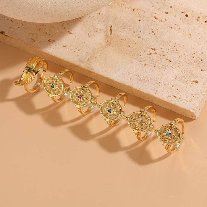 IG Style Retro Leaves Coin Copper Asymmetrical Plating Inlay Zircon 14K Gold Plated Open Rings