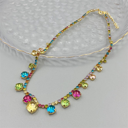 Retro Colorful Brass Plating Inlay Rhinestones 18K Gold Plated Necklace