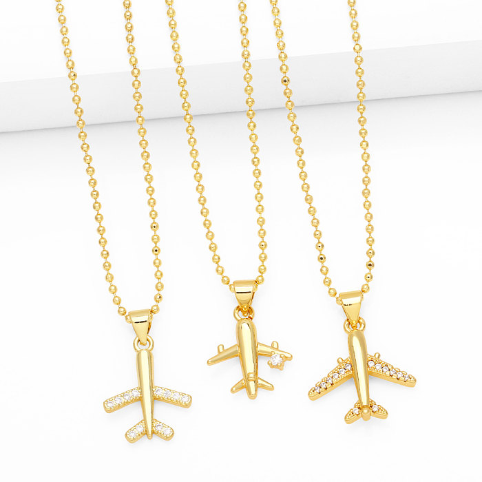 IG Style Cool Style Airplane Copper 18K Gold Plated Zircon Pendant Necklace In Bulk