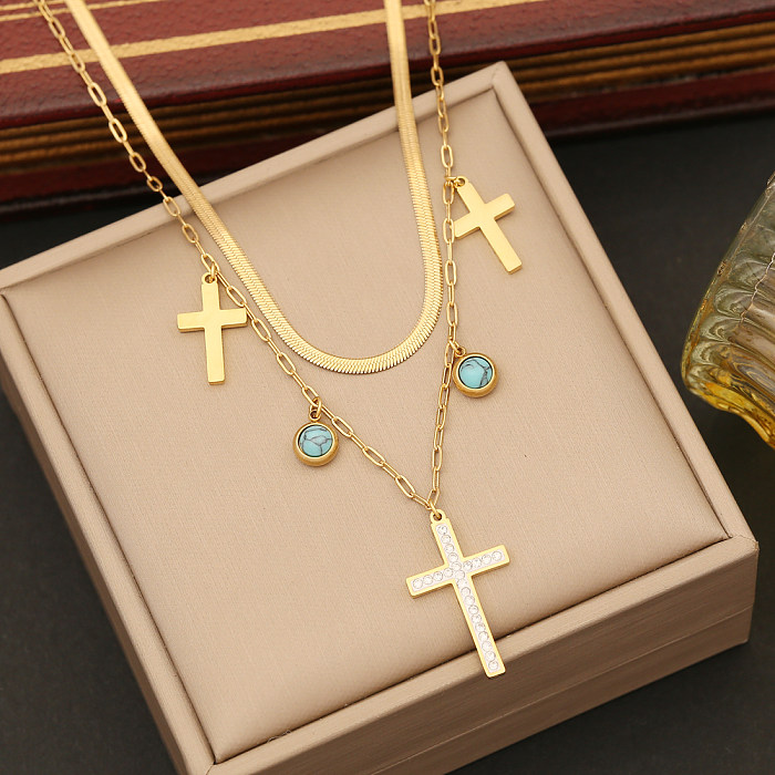 IG Style Simple Style croix acier inoxydable placage incrustation Turquoise Zircon Bracelets boucles d'oreilles collier
