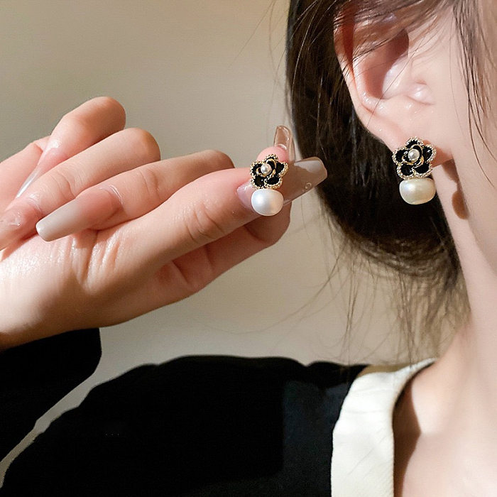 Boucles d'oreilles en forme de cœur, nœud papillon, incrustation de cuivre, perles artificielles, coquille en Zircon, 1 paire