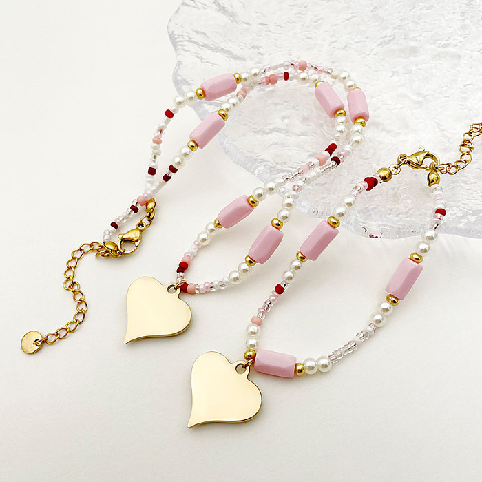 Mignon doux coeur forme acier inoxydable Imitation perle pierre naturelle perlé placage plaqué or Bracelets collier