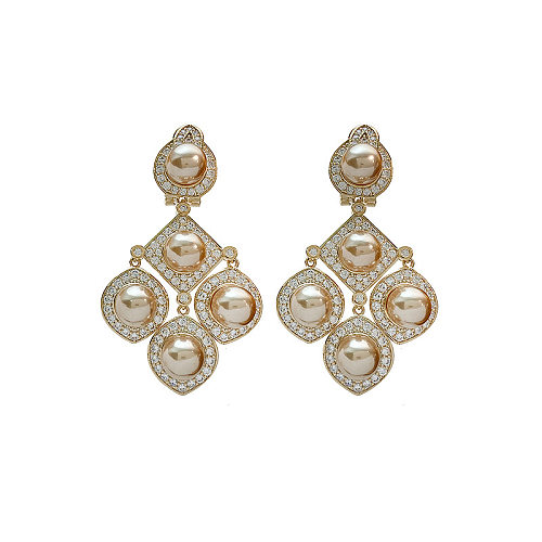 1 paire de boucles d'oreilles élégantes avec incrustation géométrique en cuivre, perles artificielles et Zircon