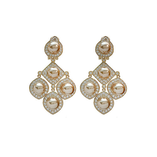 1 par de pendientes colgantes de circonita con perlas artificiales de cobre con incrustaciones geométricas elegantes