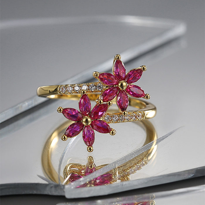 Commute Flower Copper Plating Inlay Zircon Rings