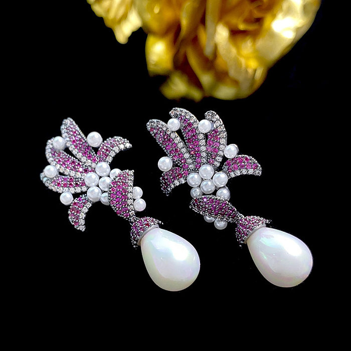 1 Pair Shiny Flower Inlay Copper Artificial Pearls Zircon Drop Earrings