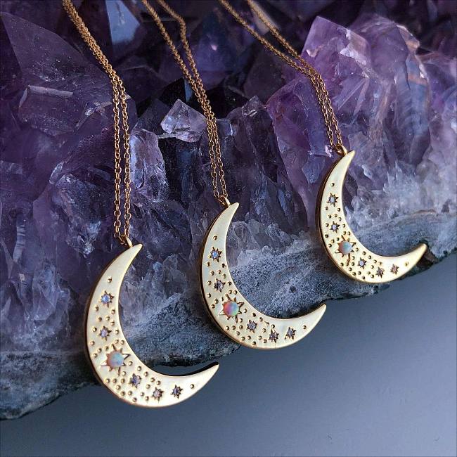 Einfache Retro-Stil-Stern-Mond-Verkupferungs-Inlay-Opal-Zirkon-vergoldete Anhänger-Halskette