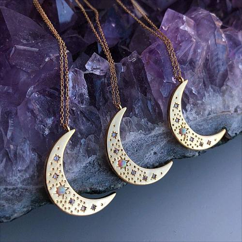 Collier pendentif en plaqué or, Style Simple rétro, étoile, lune, incrustation de cuivre, opale, Zircon plaqué or
