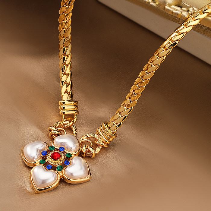 Halskette mit Anhänger im Vintage-Stil, Blume, Kupfer, künstliche Perlen, Zirkon, in großen Mengen