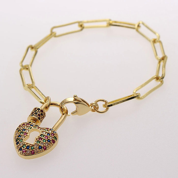 Estilo moderno forma de coração bloqueio cobre chapeamento inlay zircão banhado a ouro pulseiras colar
