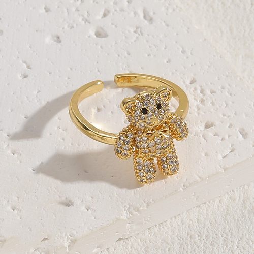 Elegant Classic Style Bear Copper Asymmetrical Plating Inlay Zircon 14K Gold Plated Open Rings