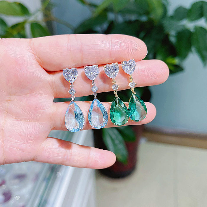 1 Pair Glam Water Droplets Heart Shape Inlay Copper Artificial Crystal Zircon Drop Earrings
