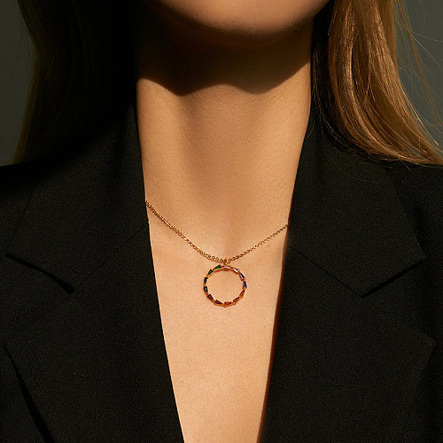 Simple Style Round Copper Inlay Rhinestones Pendant Necklace