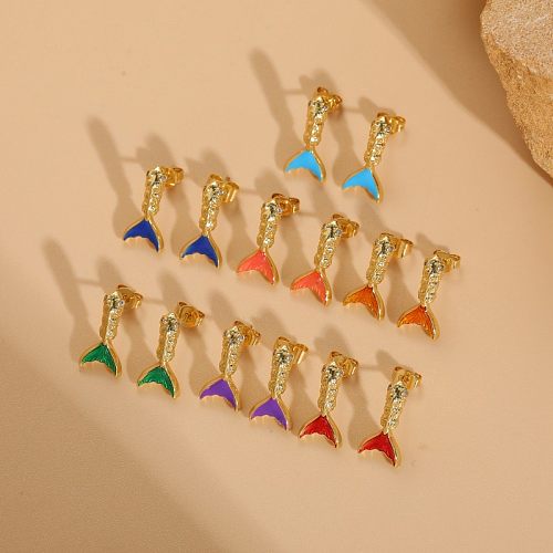 1 Piece Elegant Classic Style Fish Tail Enamel Plating Copper 14K Gold Plated Ear Studs