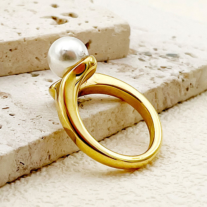 Wholesale Roman Style Commute Solid Color Stainless Steel Plating Inlay Gold Plated Pearl Open Rings