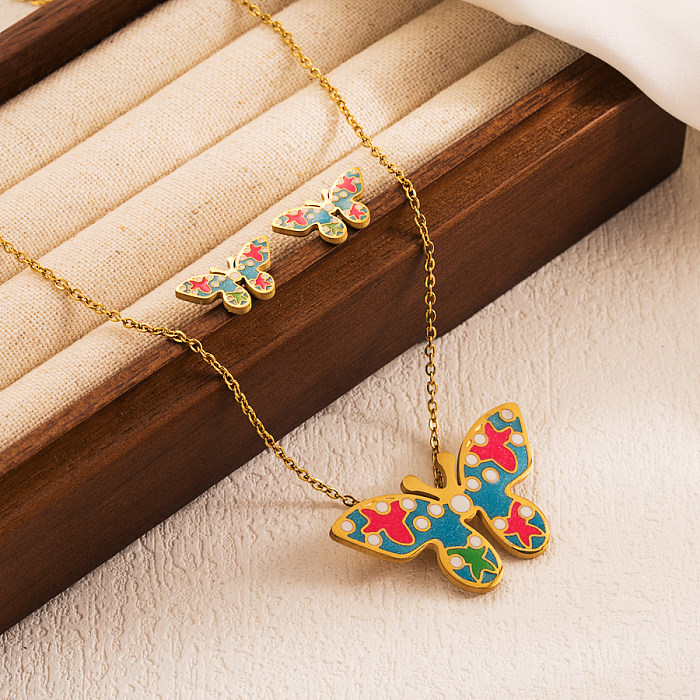 Collar plateado oro de los pendientes de las mujeres del esmalte del acero inoxidable de la mariposa elegante que platea 18K