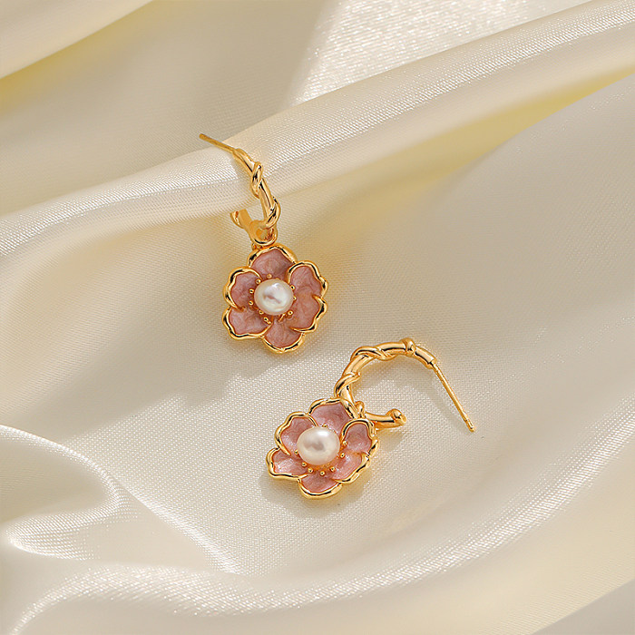 1 Pair Elegant Simple Style Korean Style Flower Epoxy Plating Inlay Copper Freshwater Pearl 18K Gold Plated Drop Earrings