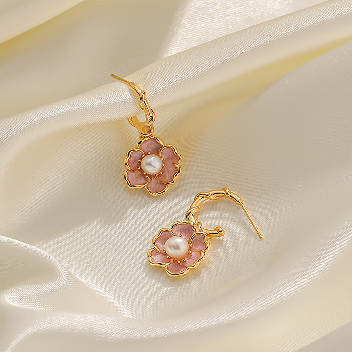 1 Pair Elegant Simple Style Korean Style Flower Epoxy Plating Inlay Copper Freshwater Pearl 18K Gold Plated Drop Earrings