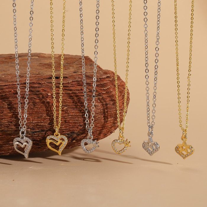 قلادة على شكل قلب مطلية بالنحاس ومرصعة بالزركون ومطلية بالذهب الأبيض عيار 14 قيراط بتصميم بسيط