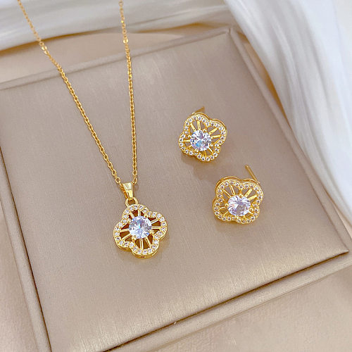 Simple Style Shiny Four Leaf Clover Titanium Steel Copper Plating Hollow Out Inlay Zircon Earrings Necklace