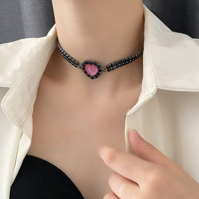 Streetwear Heart Shape Copper Plating Inlay Artificial Gemstones Necklace