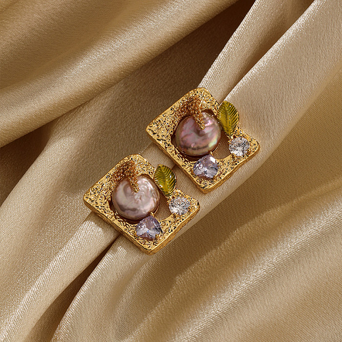 1 paire de clous d'oreilles plaqués or 18 carats, Style Simple, feuille en forme de cœur, incrustation de grains, perle en cuivre et Zircon