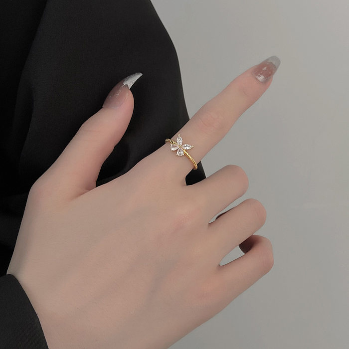 Simple Style Butterfly Copper Inlay Zircon Open Ring