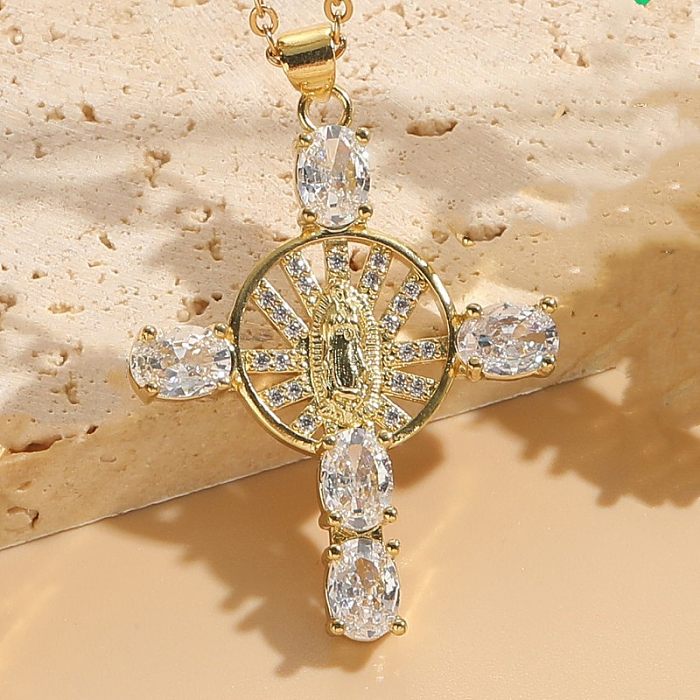 Elegant Artistic Cross Copper 14K Gold Plated Zircon Pendant Necklace In Bulk