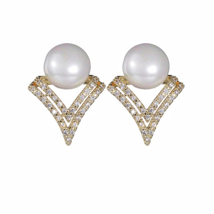 1 par de elegantes pendientes geométricos con incrustaciones de cobre, perlas artificiales, circonitas, chapados en oro