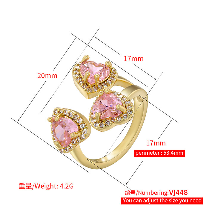 Elegant Luxurious Shiny Heart Shape Copper 18K Gold Plated Zircon Open Ring In Bulk