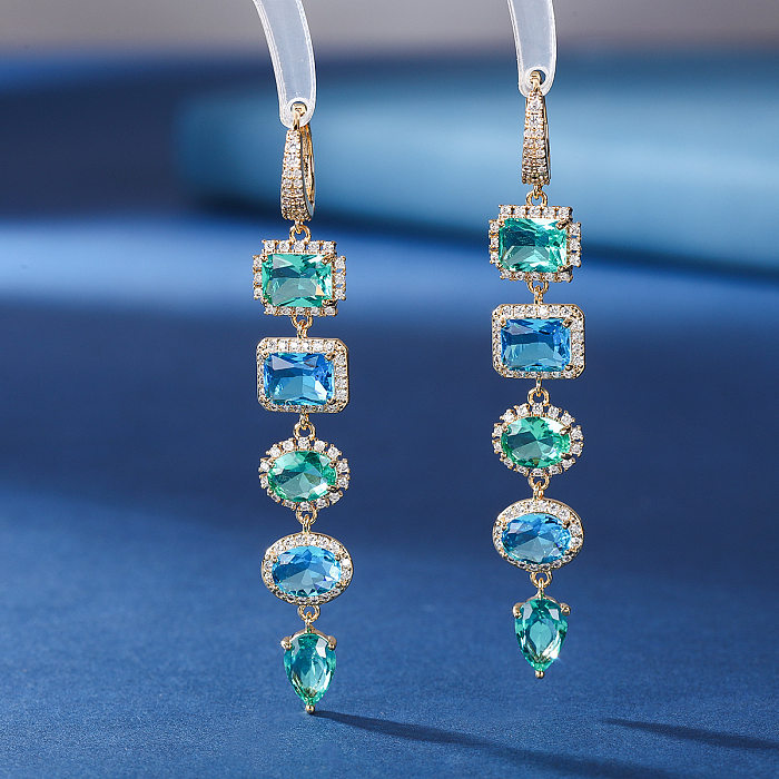 1 Pair Luxurious Water Droplets Tassel Copper Inlay Zircon Drop Earrings