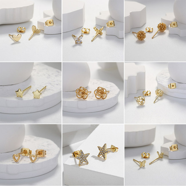 Simple Style Star Flower Butterfly Brass Plating Zircon Ear Studs 1 Pair