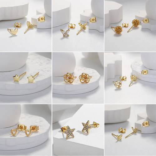 Clous d'oreilles en Zircon plaqué laiton, Style Simple, étoile, fleur, papillon, 1 paire