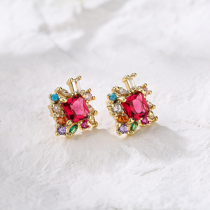 Pendientes geométricos de circón con microincrustaciones de oro de 18 quilates chapados en cobre a la moda