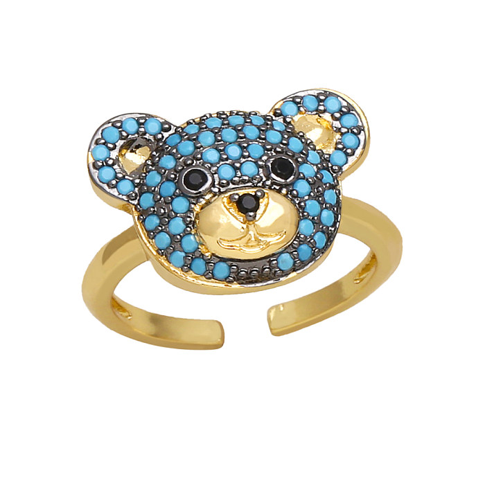 Cute Fashion Sweet Bear Copper Plating Inlay Zircon 18K Gold Plated Open Rings